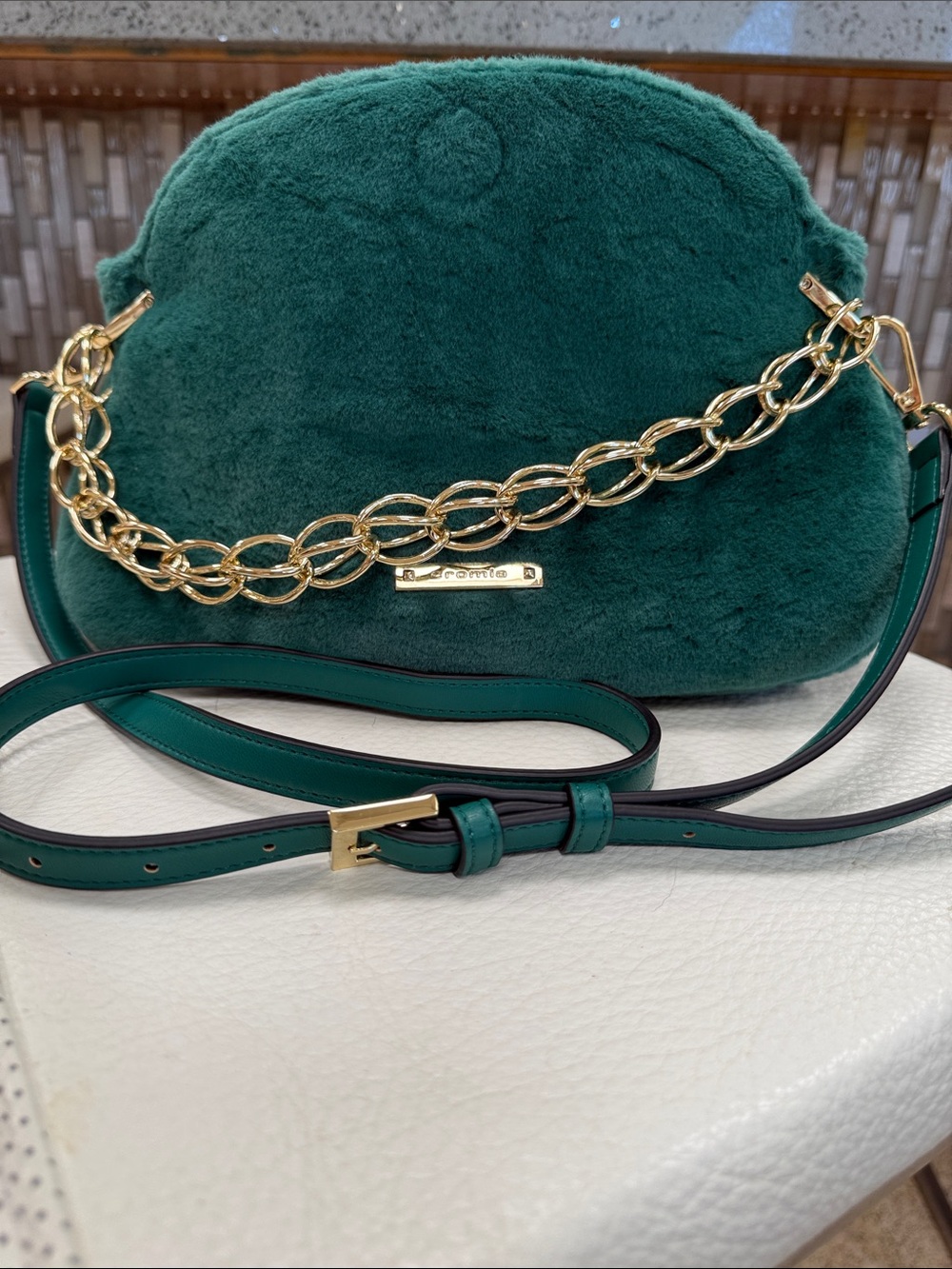 Plush Emerald Green Faux Fur Crossbody with Gold Chain Detail